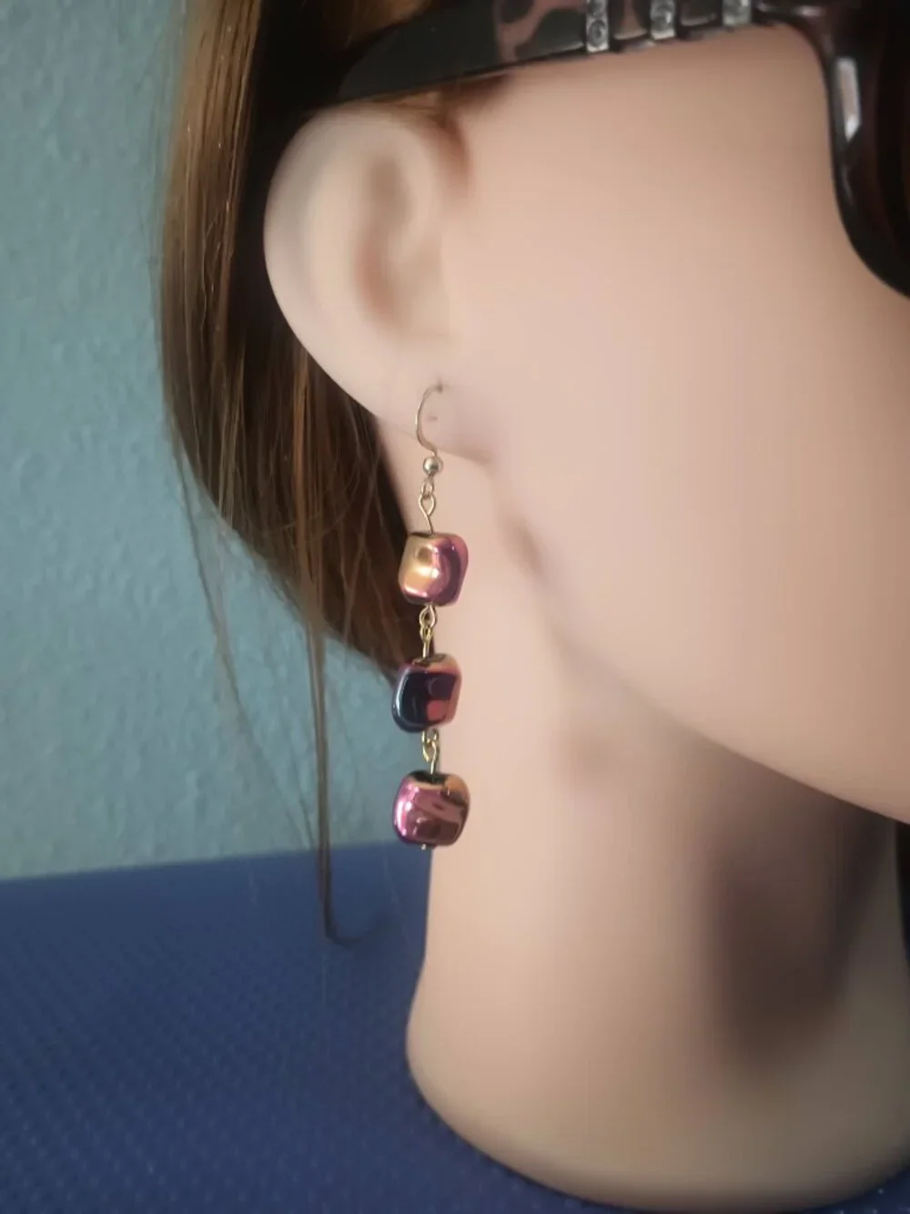Pink and Gold Iridescent 3 Bead Dangle Earrings - Picture 2 of 6
